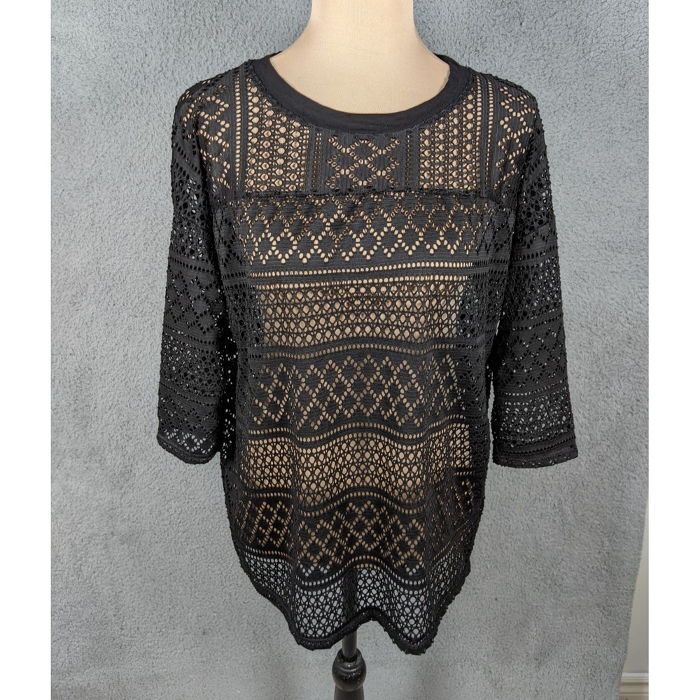 Celeste Sheer Crochet Top Womens S Black Round Neck Whimsigoth Boho-Grunge Indie